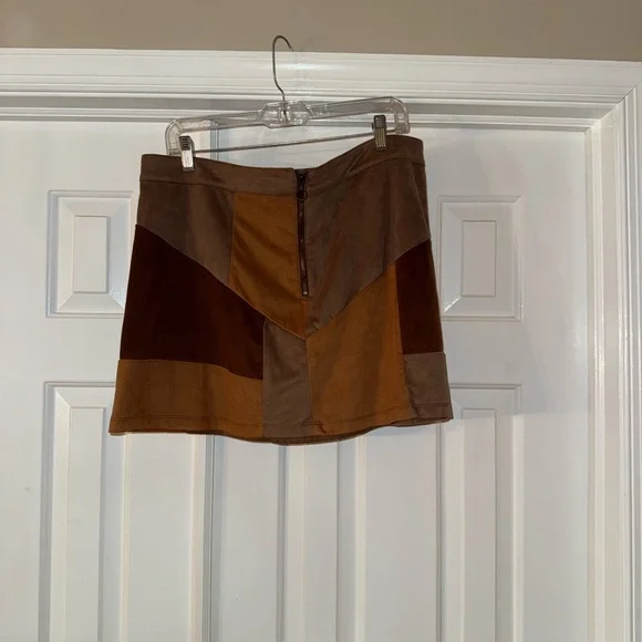 New York & Company Patchwork Brown Suede Skirt - Picture 2 of 5